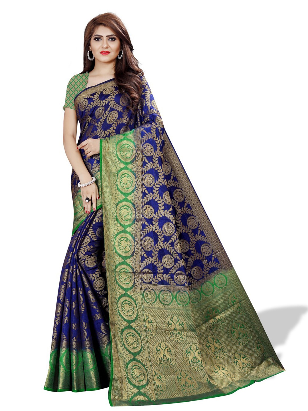 

ZEEPKART Ethnic Motifs Woven Design Zari Kanjeevaram Saree, Blue
