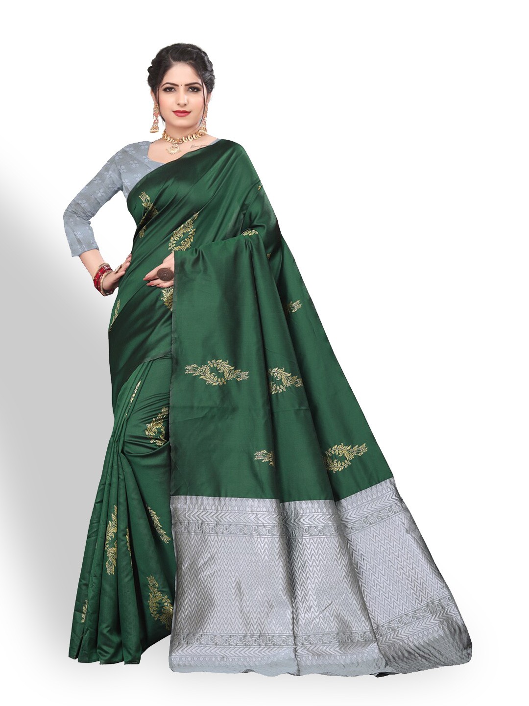 

ZEEPKART Floral Woven Design Zari Kanjeevaram Saree, Green