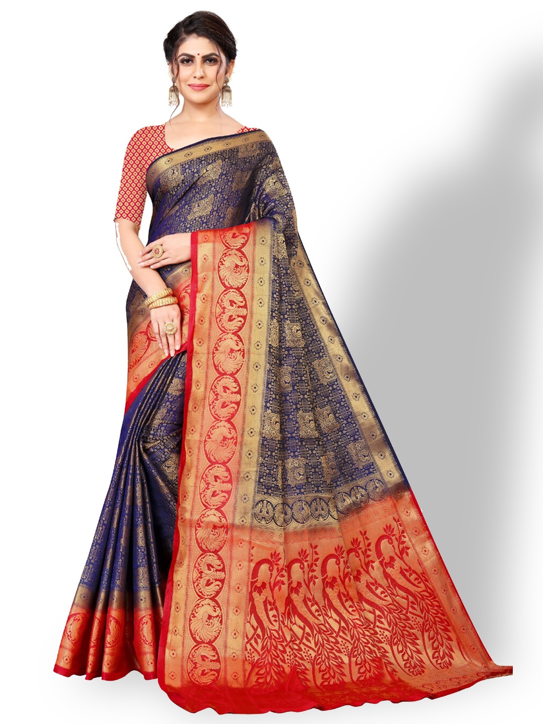 

ZEEPKART Ethnic Motifs Woven Design Zari Kanjeevaram Saree, Blue