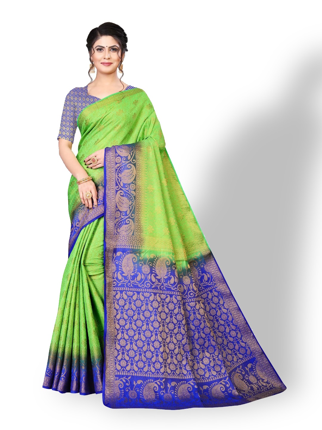 

ZEEPKART Ethnic Motifs Woven Design Zari Kanjeevaram Saree, Green