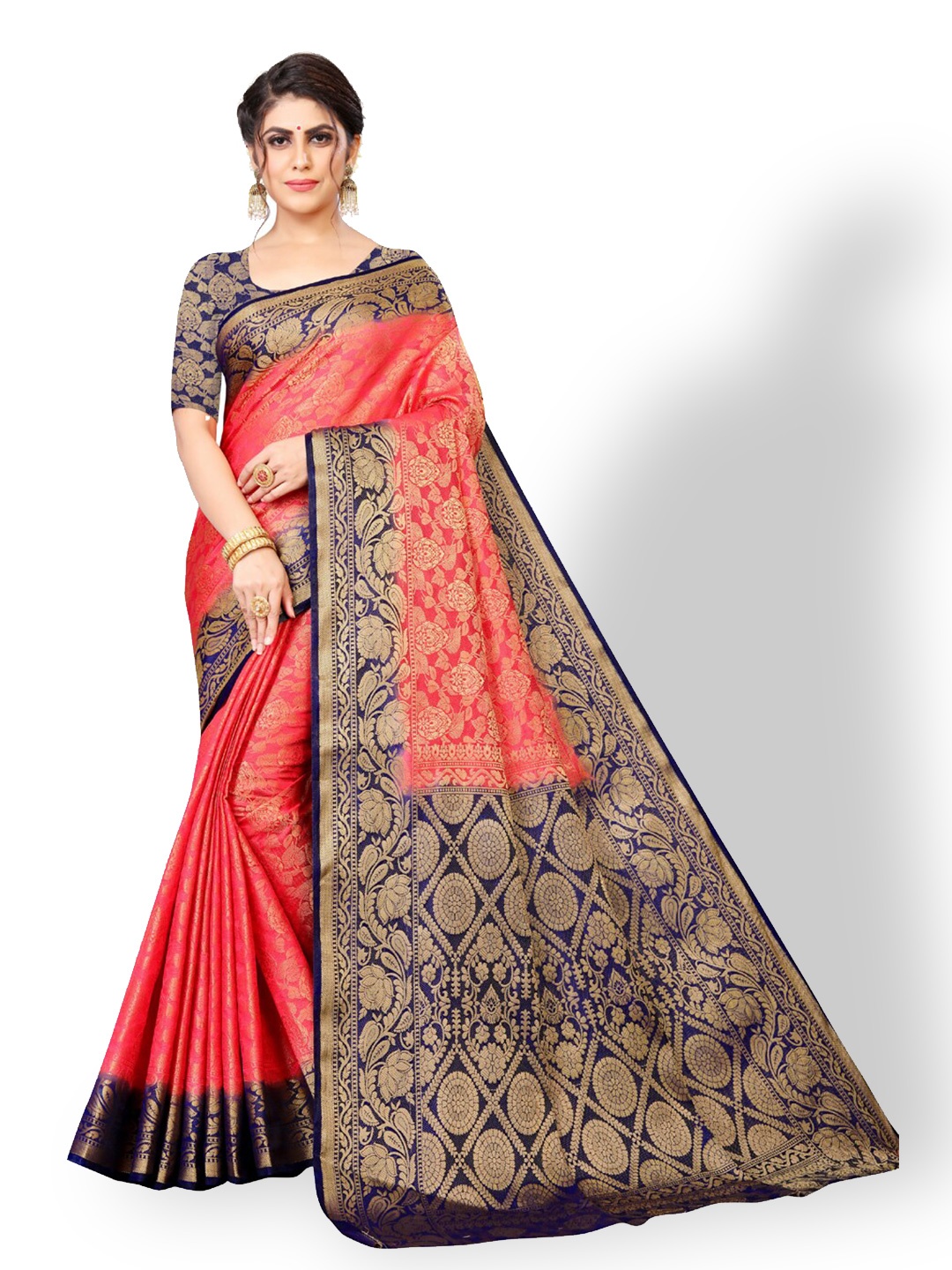 

ZEEPKART Floral Printed Woven Design Zari Kanjeevaram Saree, Pink