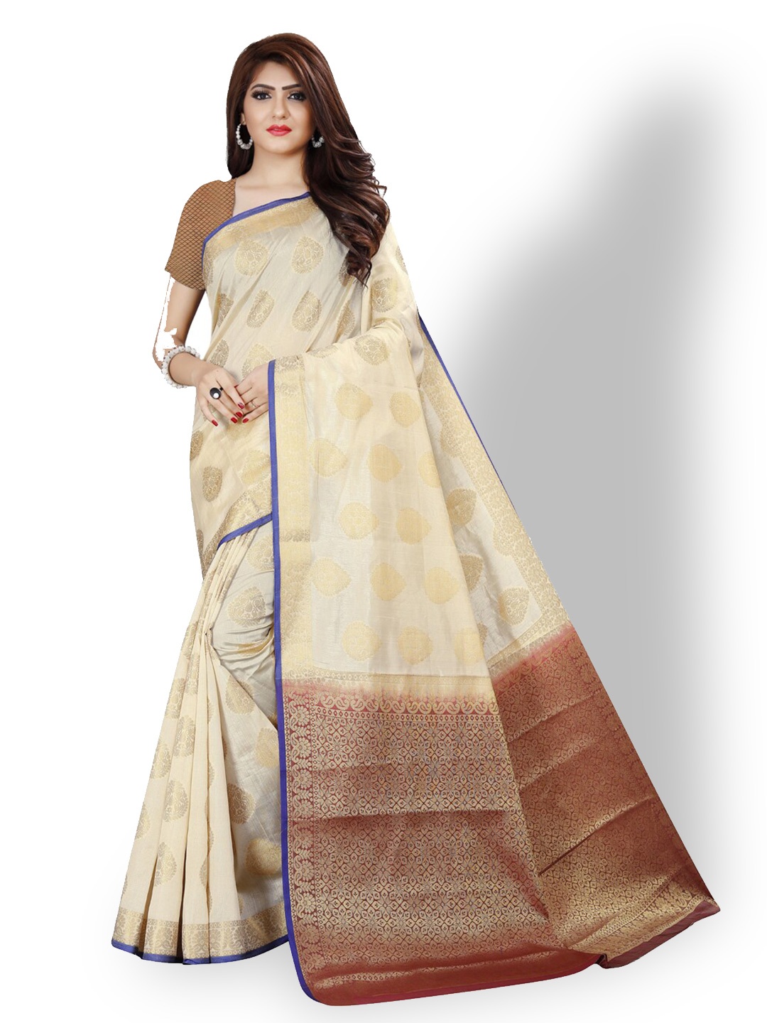 

ZEEPKART Ethnic Motif Woven Design Kanjeevaram Saree, Cream