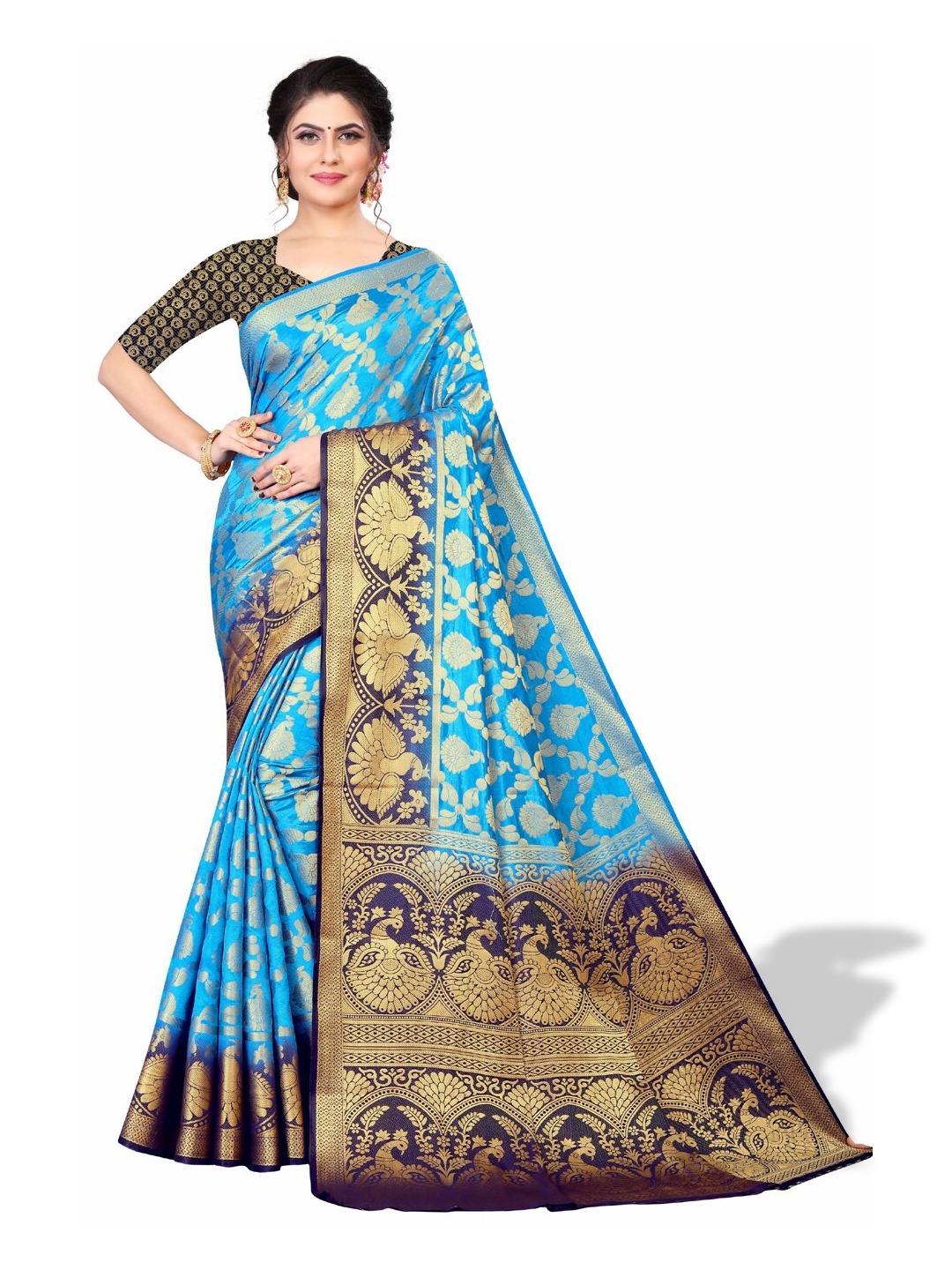 

ZEEPKART Ethnic Motifs Woven Design Zari Kanjeevaram Saree, Blue