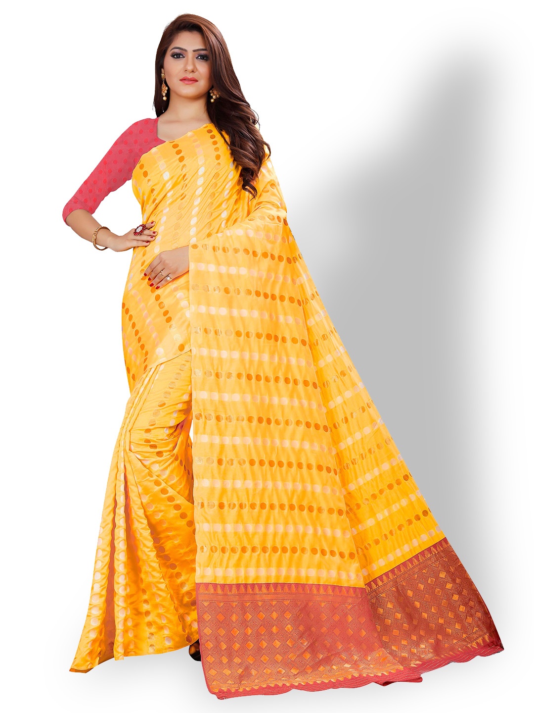 

ZEEPKART Polka Dots Printed Poly Silk Kanjeevaram Saree, Yellow
