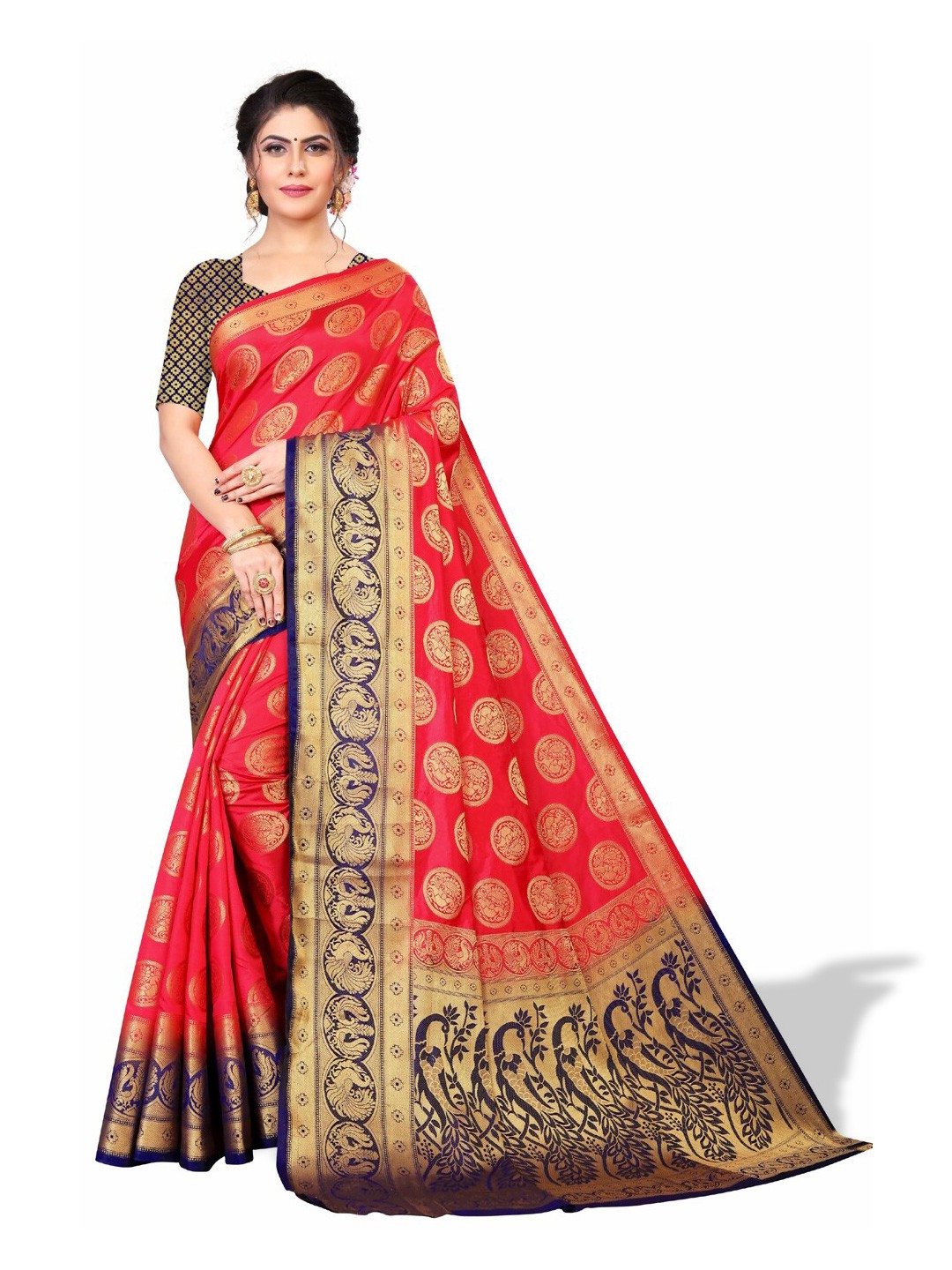 

ZEEPKART Ethnic Motifs Woven Design Zari Kanjeevaram Saree, Red