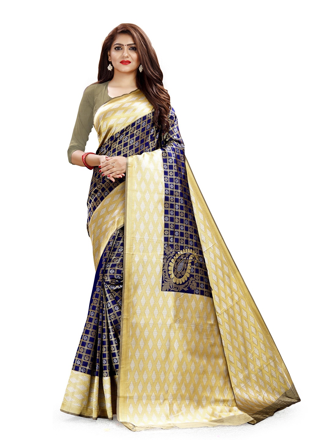 

ZEEPKART Ethnic Motifs Woven Design Zari Kanjeevaram Saree, Blue