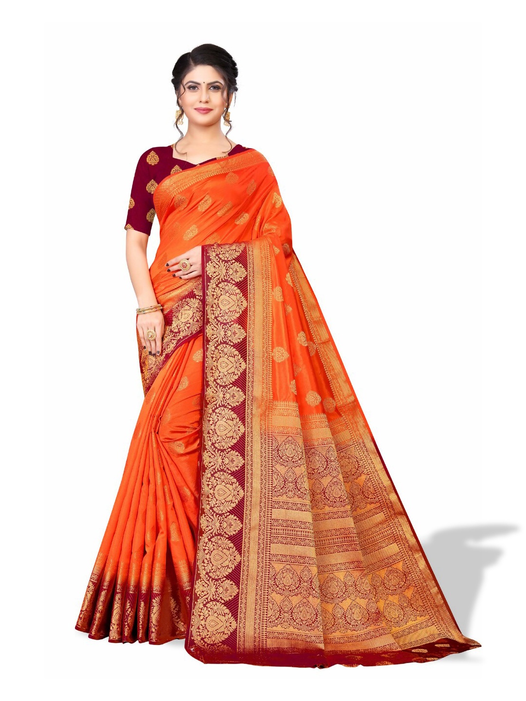 

ZEEPKART Ethnic Motifs Woven Design Zari Kanjeevaram Saree, Orange