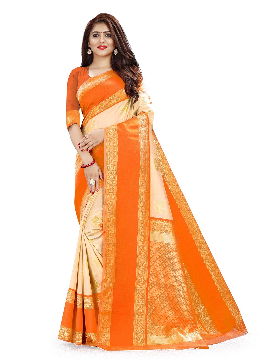 

ZEEPKART Ethnic Motifs Printed Woven Design Zari Kanjeevaram Saree, Peach