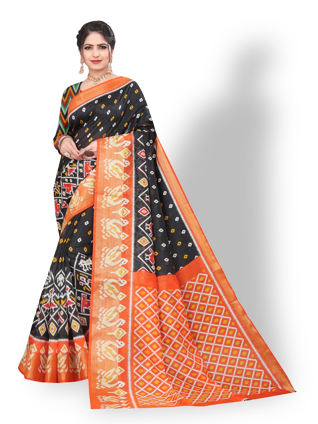 

ZEEPKART Ikat Printed Zari Kanjeevaram Saree, Orange