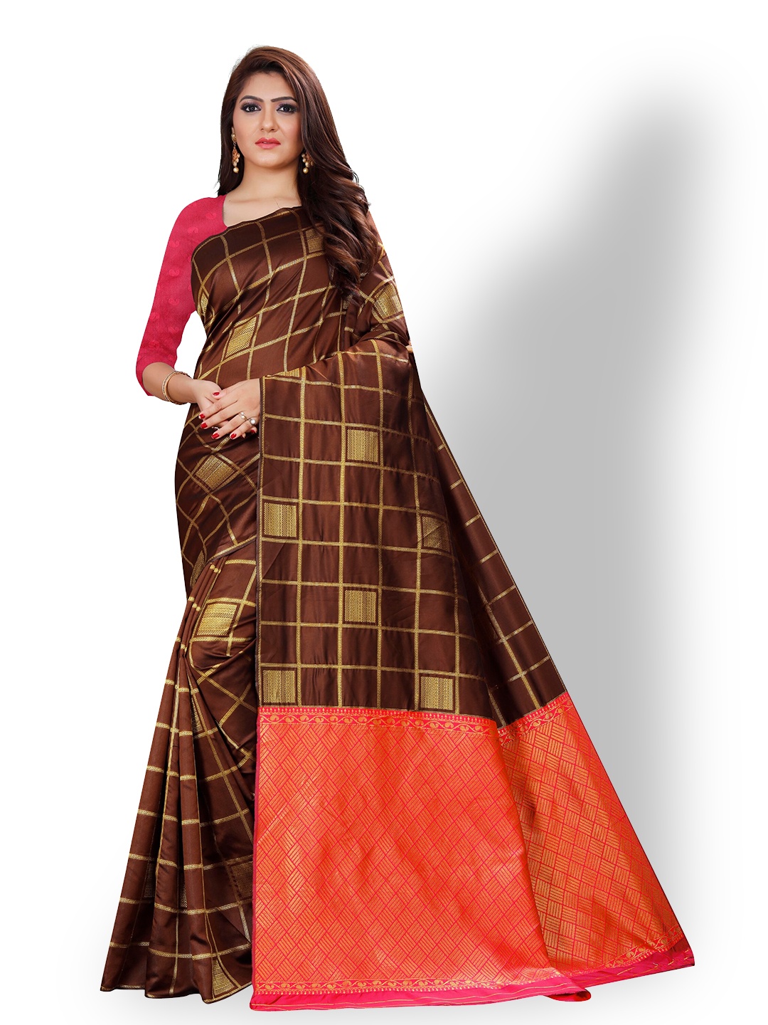 

ZEEPKART Geometric Woven Design Kanjeevaram Saree, Brown