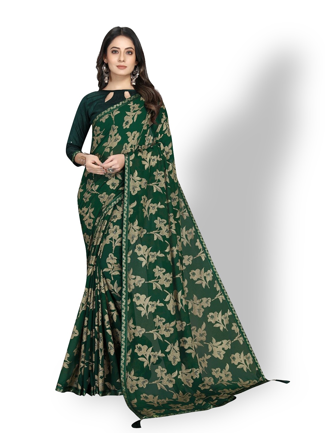 

ZEEPKART Floral Embroidered Saree, Green