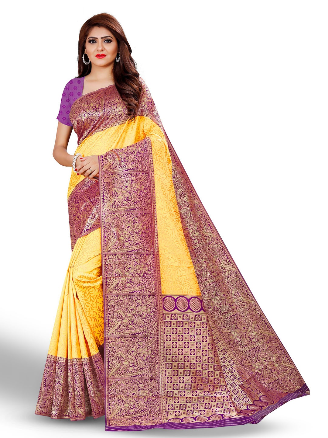 

ZEEPKART Ethnic Motifs Woven Design Poly Silk Kanjeevaram Saree, Gold