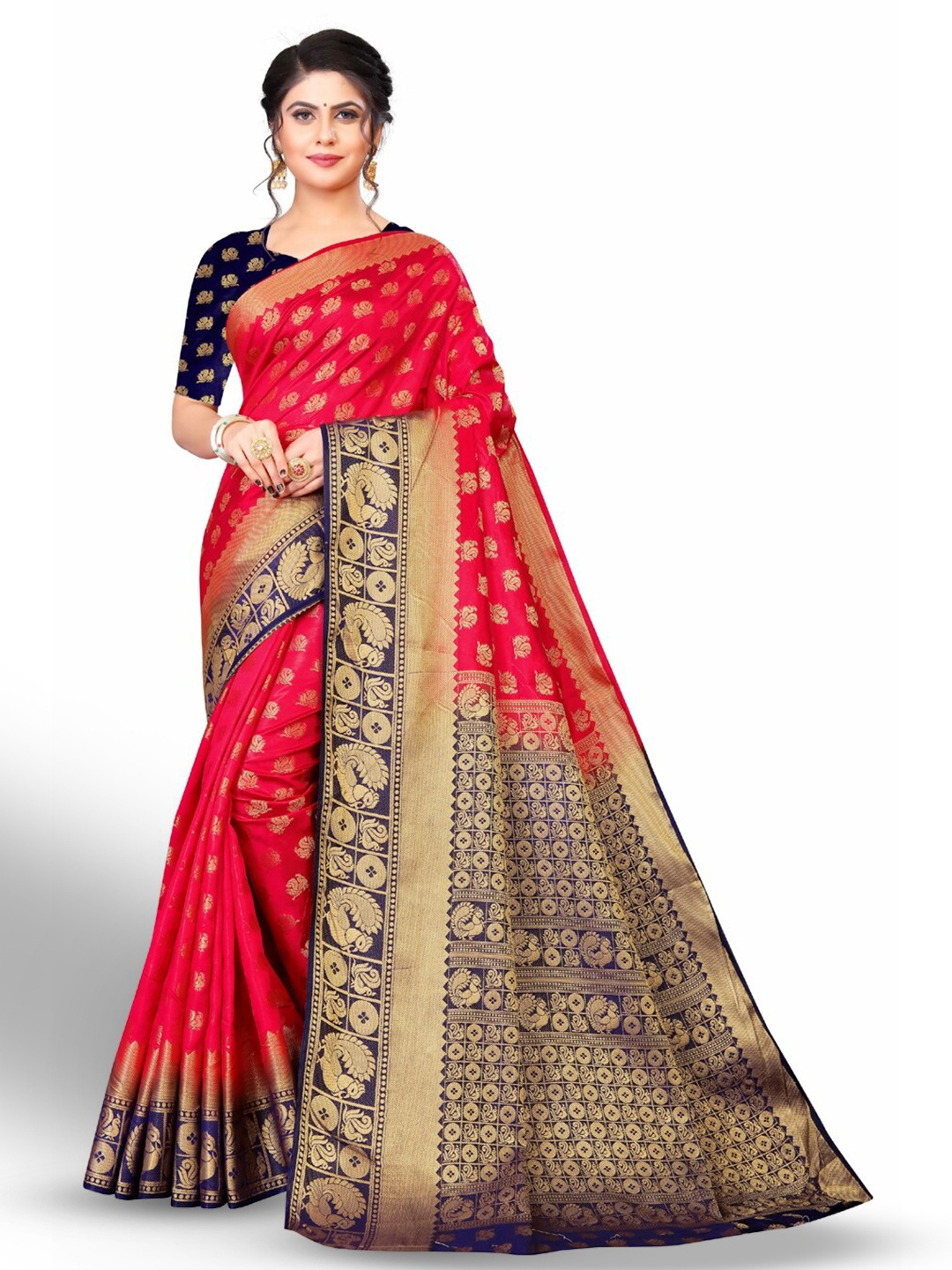 

ZEEPKART Ethnic Motifs Woven Design Zari Kanjeevaram Saree, Red