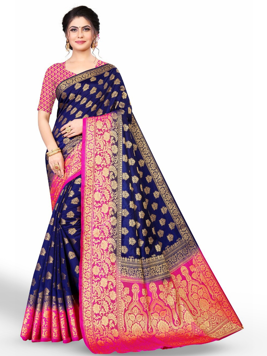 

ZEEPKART Ethnic Motifs Woven Design Zari Kanjeevaram Saree, Blue