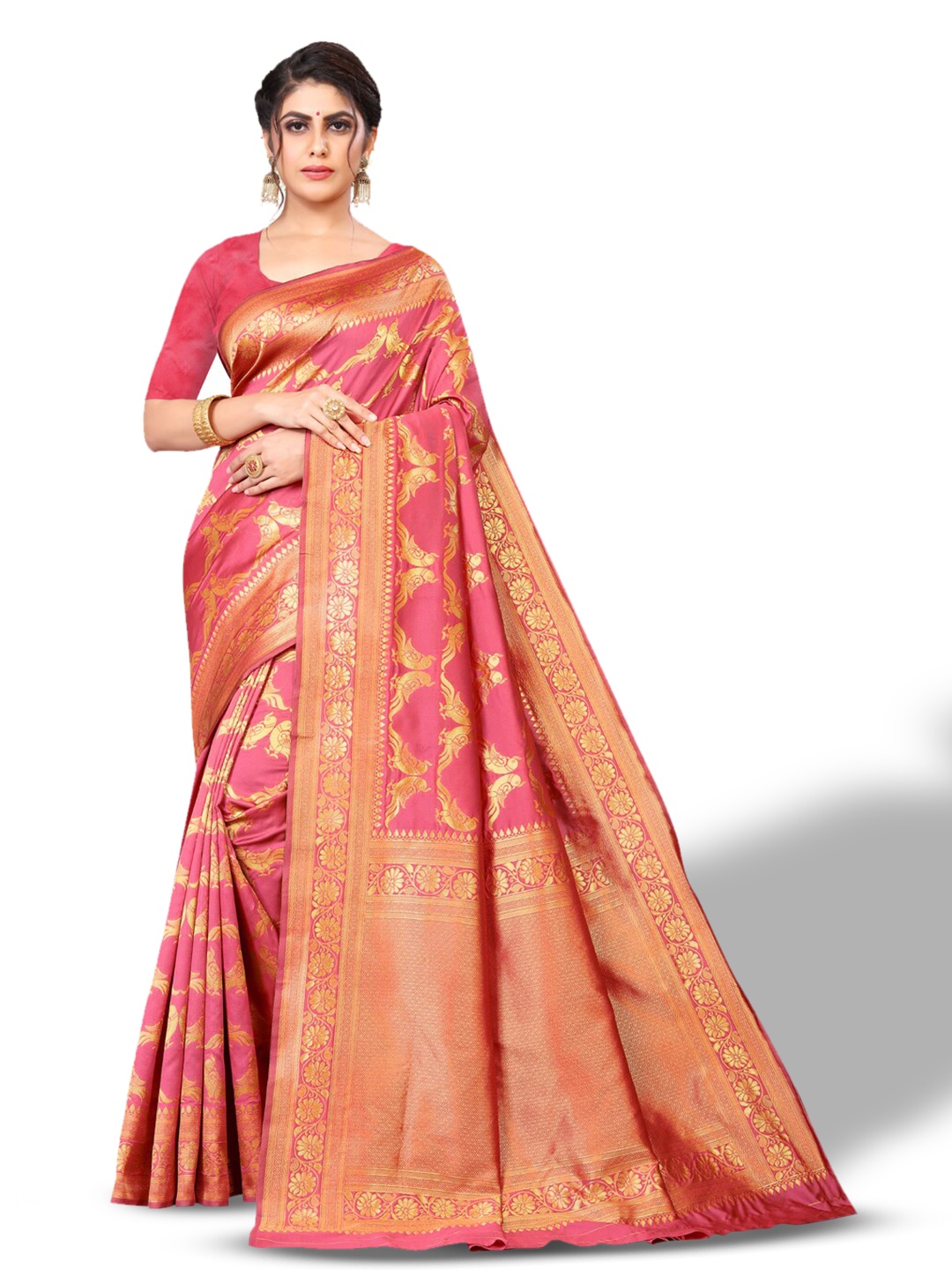 

ZEEPKART Ethnic Motifs Woven Design Zari Kanjeevaram Saree, Pink