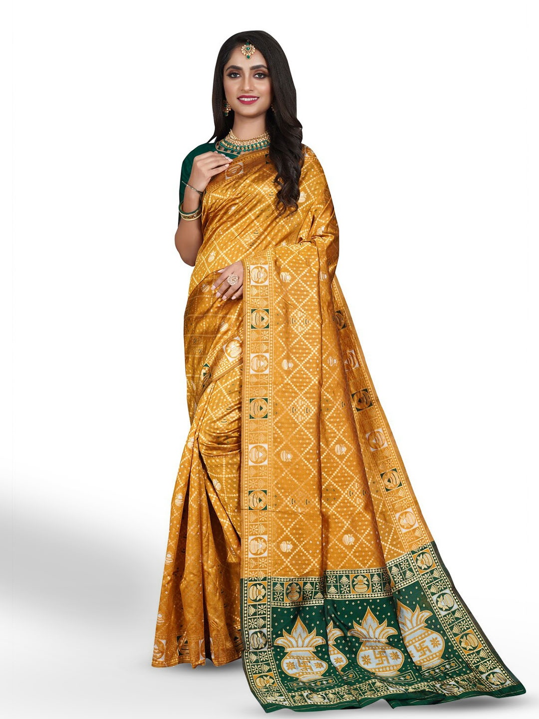 

ZEEPKART Ethnic Motif Printed Kanjeevaram Saree, Mustard