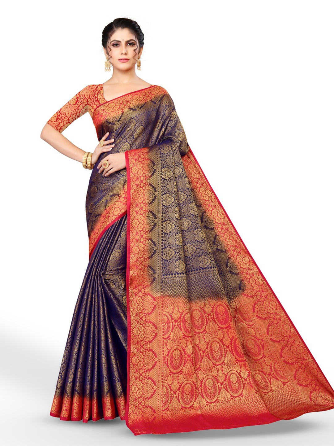 

ZEEPKART Ethnic Motifs Woven Design Zari Kanjeevaram Saree, Blue