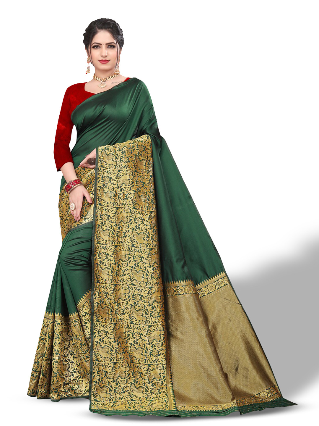 

ZEEPKART Woven Design Border Zari Saree, Green