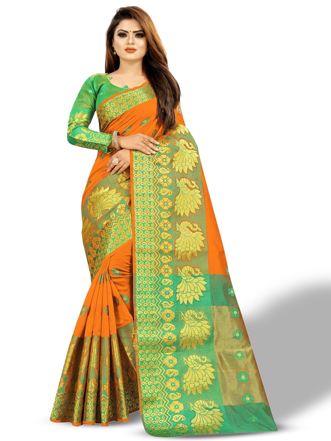 

ZEEPKART Ethnic Motifs Woven Design Zari Kanjeevaram Saree, Orange
