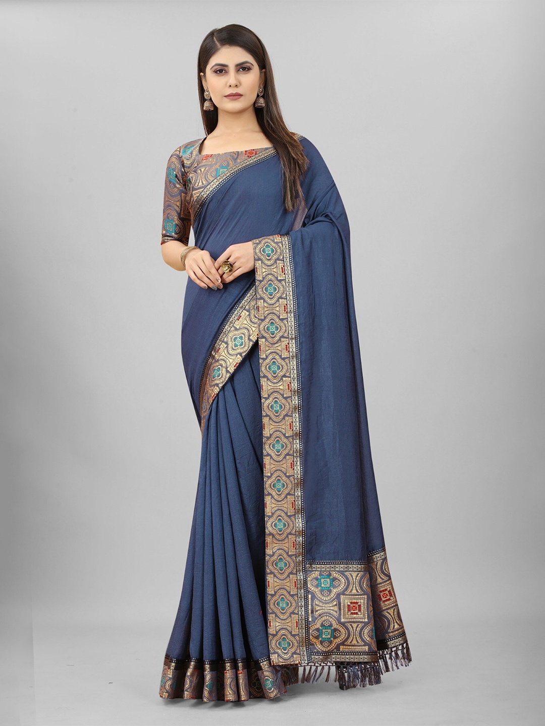 

ZEEPKART Woven Design Border Zari Kanjeevaram Saree, Blue