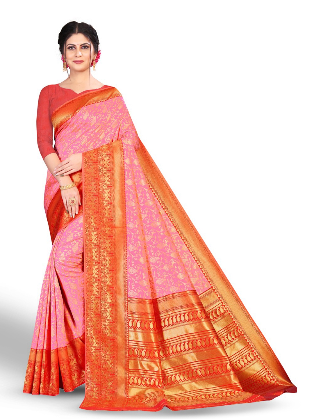 

ZEEPKART Floral Design Woven Design Zari Kanjeevaram Saree, Red