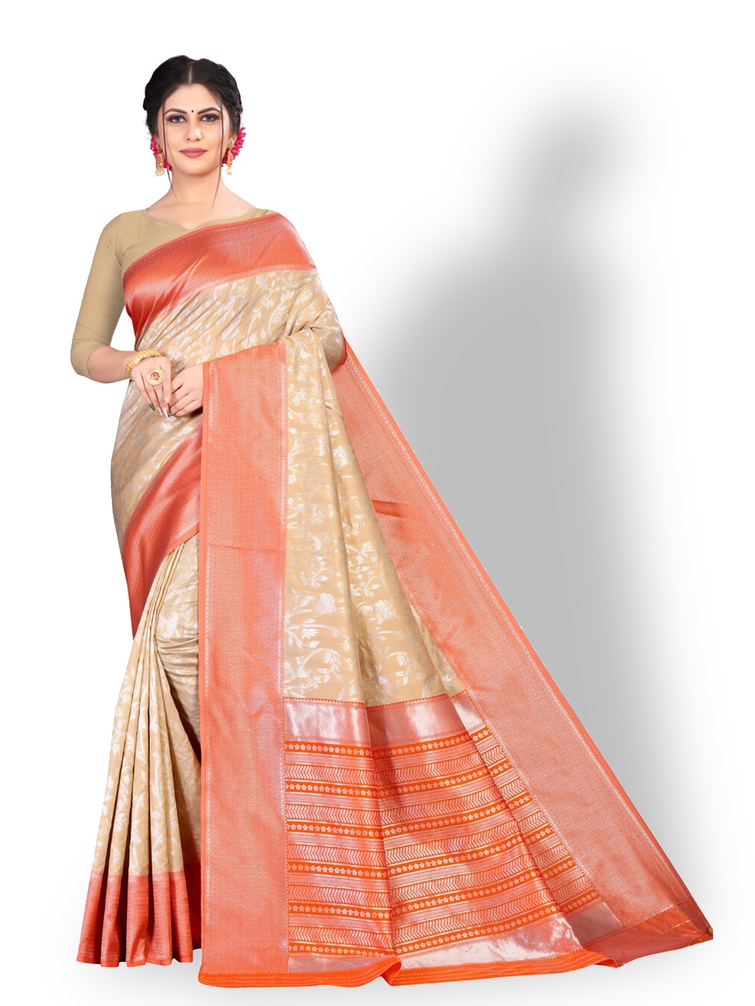 

ZEEPKART Ethnic Motifs Woven Design Zari Kanjeevaram Saree, Cream