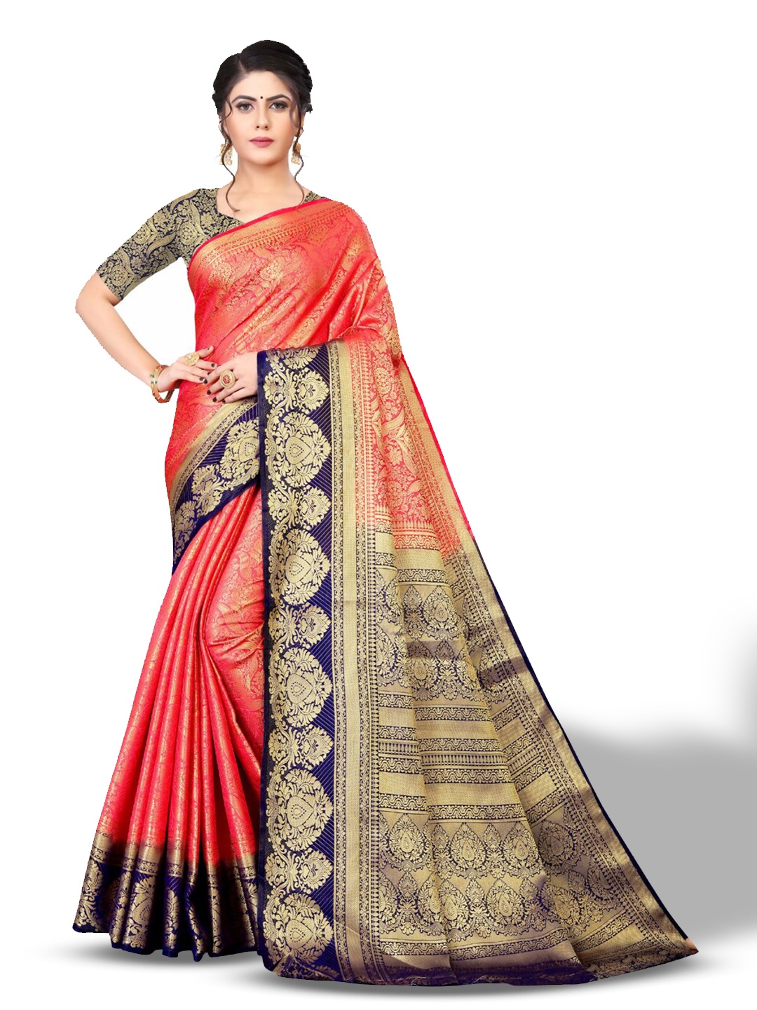 

ZEEPKART Ethnic Motifs Woven Design Zari Kanjeevaram Saree, Pink