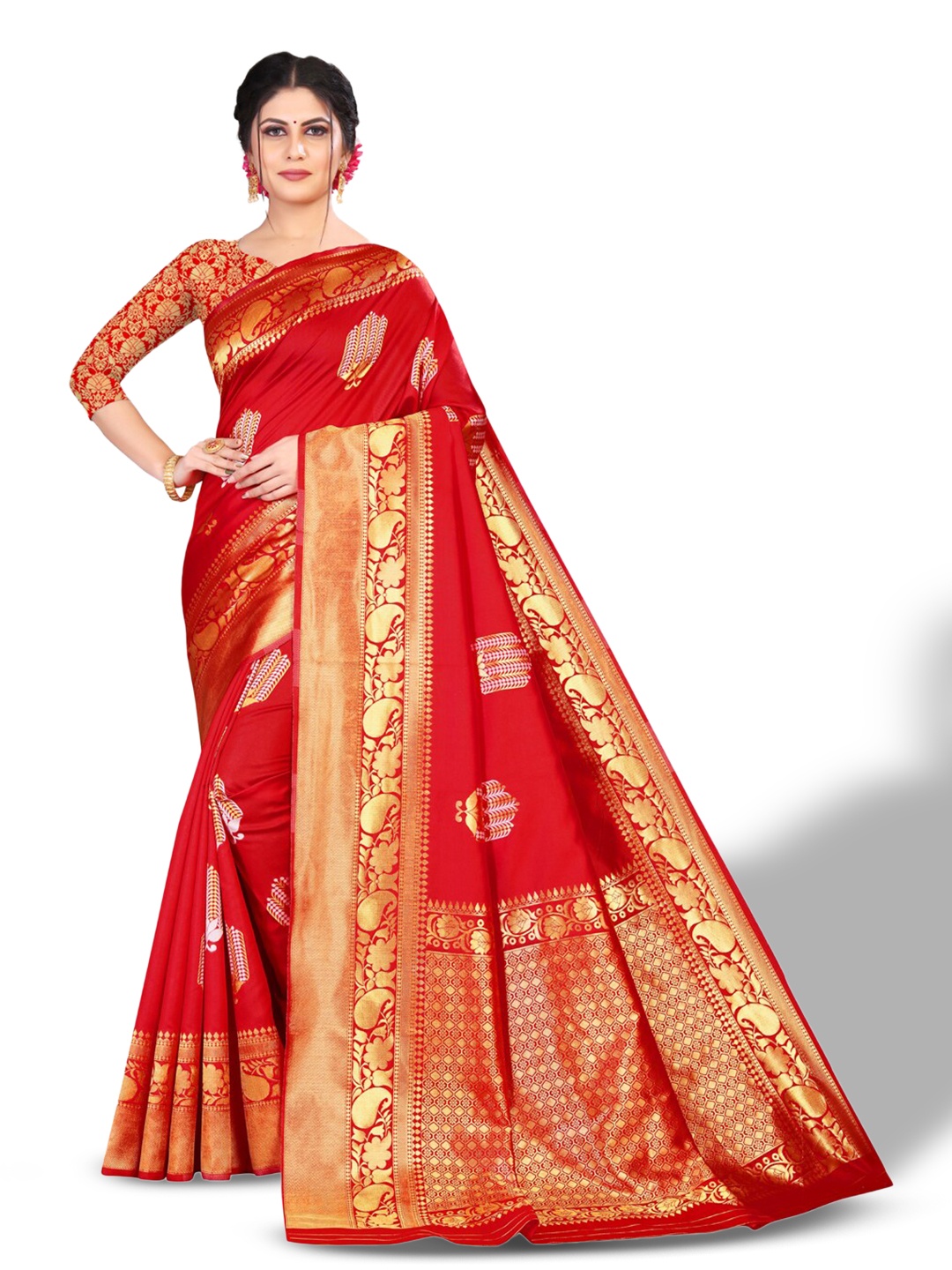 

ZEEPKART Ethnic Motifs Woven Design Zari Kanjeevaram Saree, Red