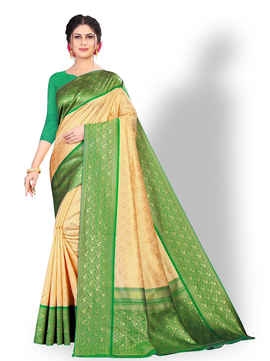 

ZEEPKART Ethnic Motif Woven Design Kanjeevaram Saree, Cream