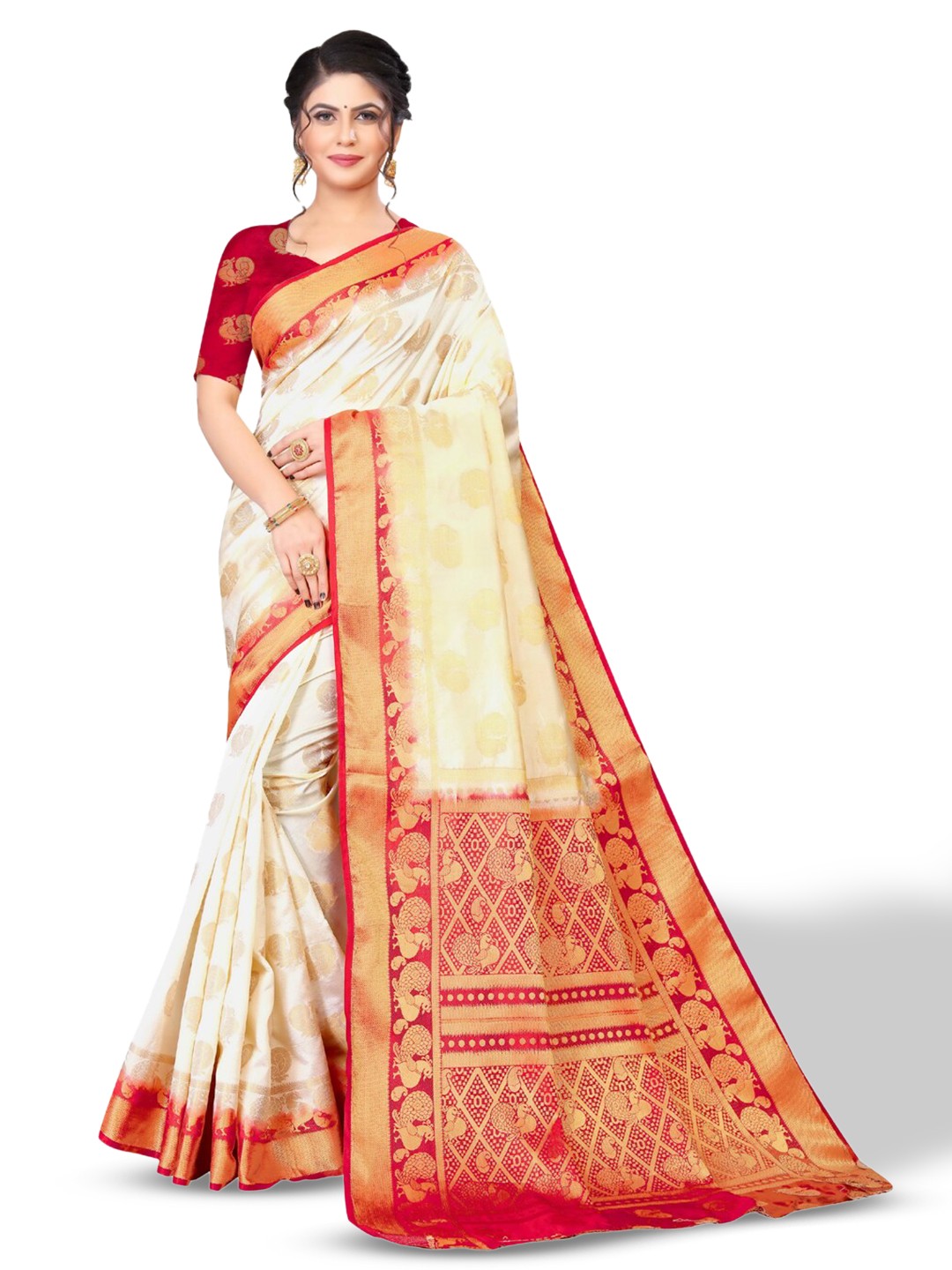 

ZEEPKART Woven Design Zari Kanjeevaram Saree, White