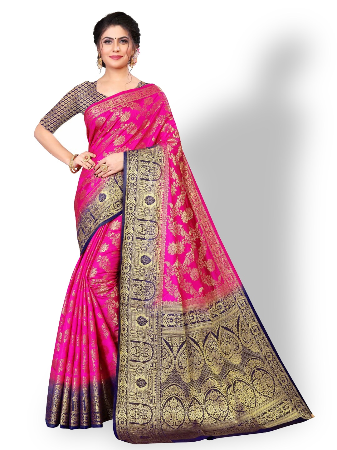 

ZEEPKART Ethnic Motifs Woven Design Zari Kanjeevaram Saree, Pink