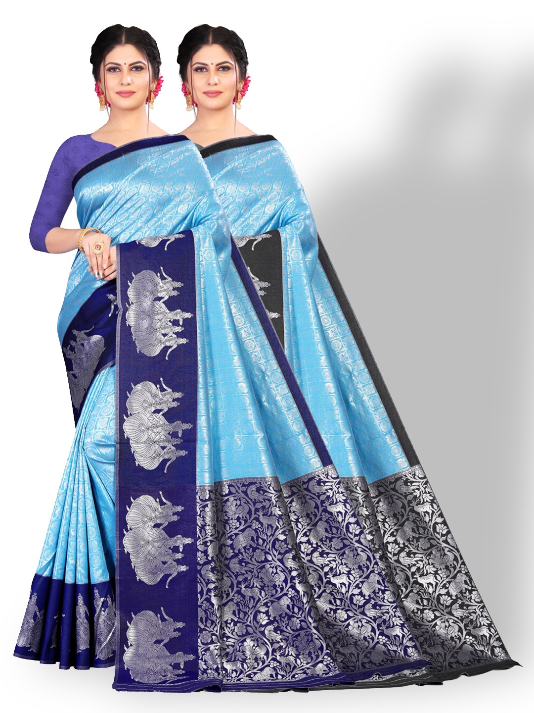 

ZEEPKART Ethnic Motifs Woven Design Zari Kanjeevaram Saree, Blue