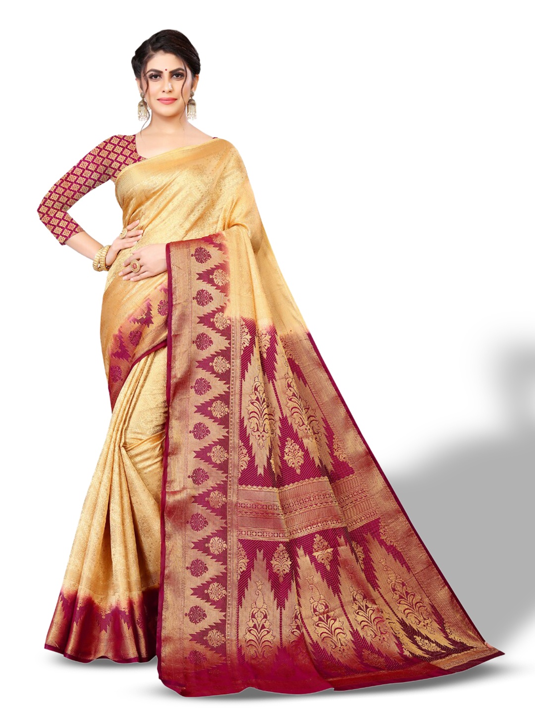 

ZEEPKART Ethnic Motifs Woven Design Zari Kanjeevaram Saree, Cream