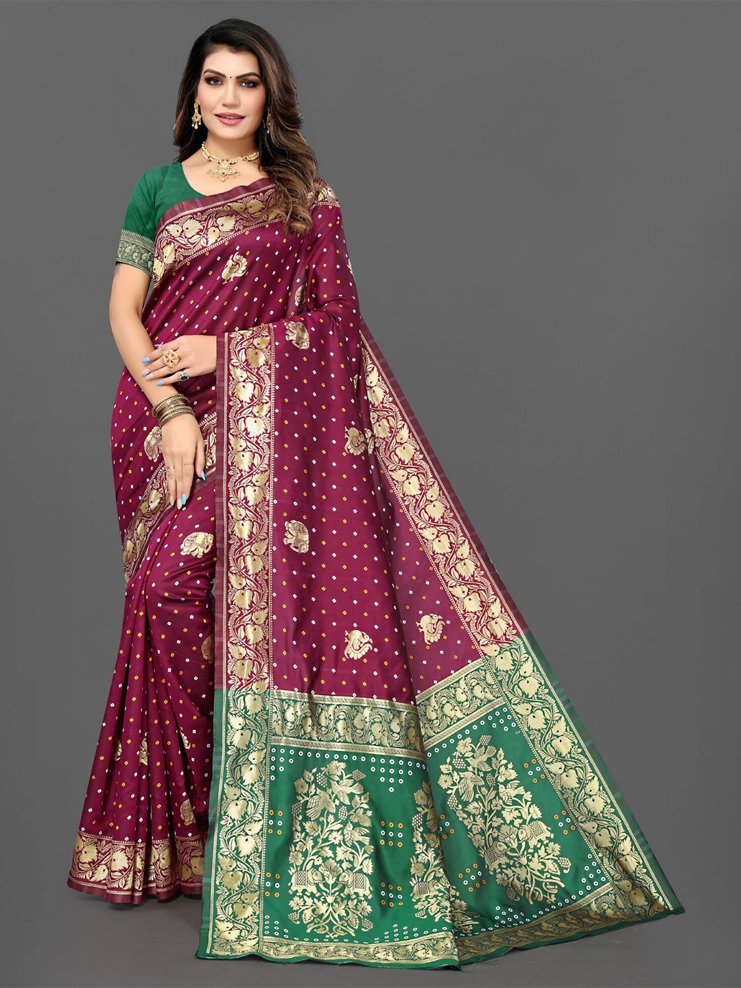 

ZEEPKART Purple & Green Woven Design Zari Kanjeevaram Saree, Maroon