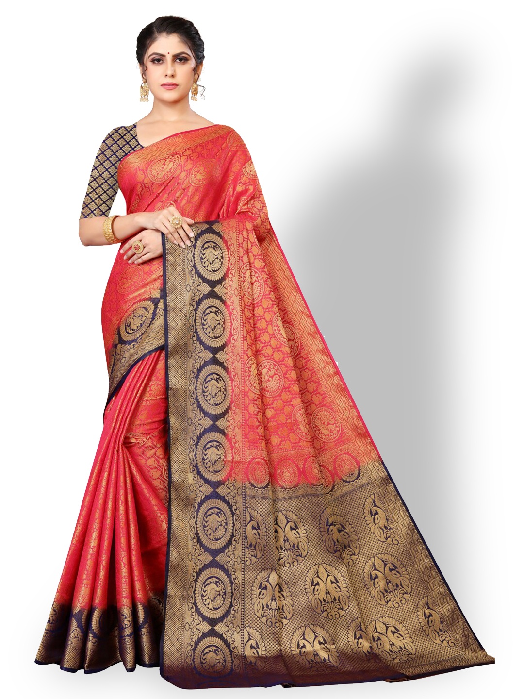 

ZEEPKART Ethnic Motifs Woven Design Zari Kanjeevaram Saree, Pink