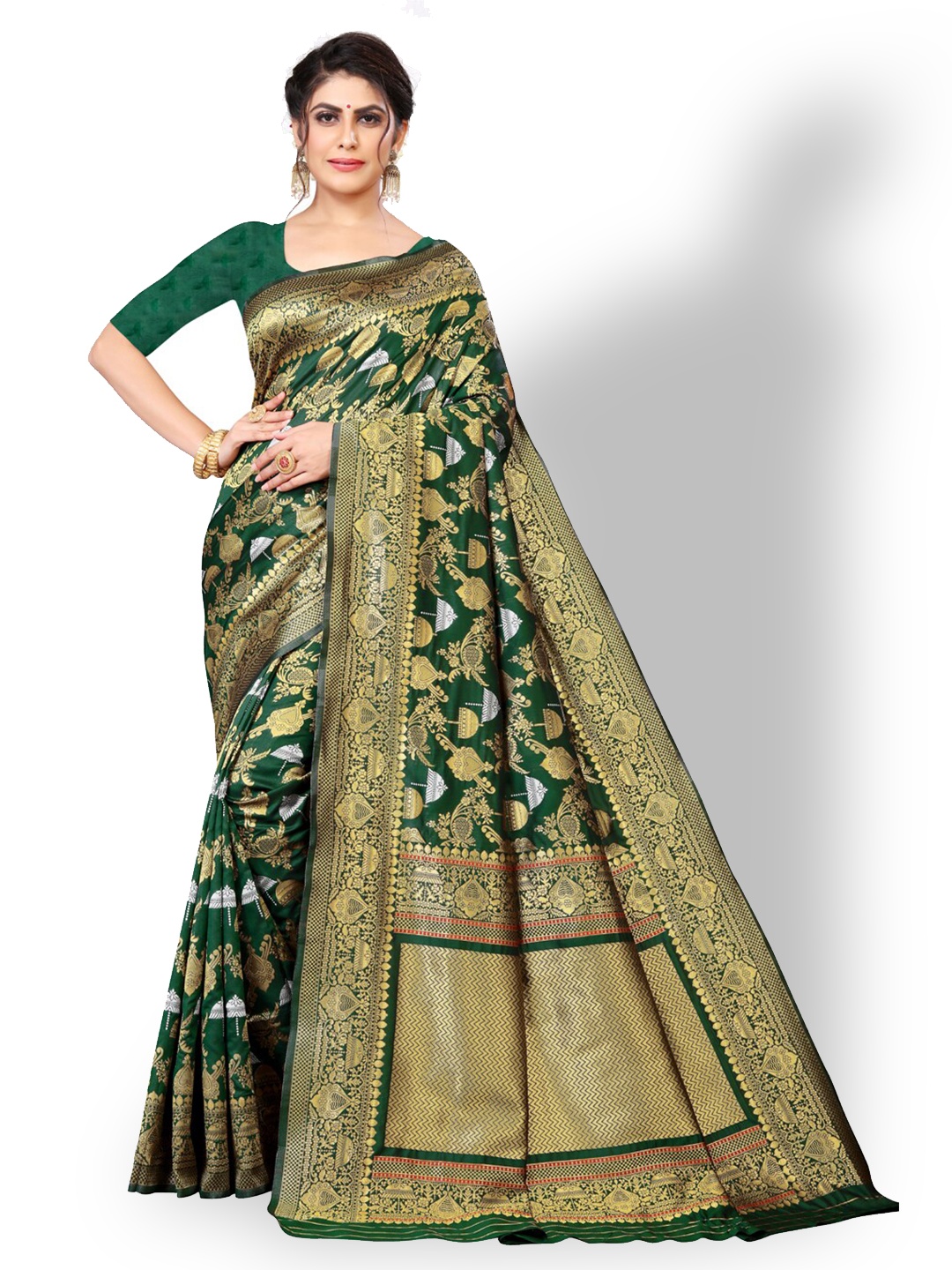 

ZEEPKART Ethnic Motifs Woven Design Zari Kanjeevaram Saree, Green