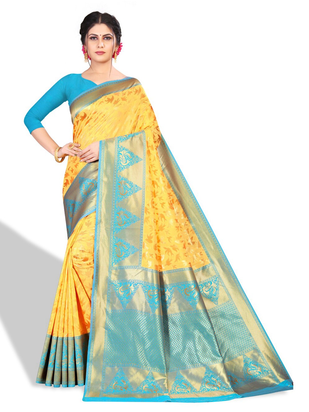 

ZEEPKART Ethnic Motifs Woven Design Zari Kanjeevaram Saree, Yellow