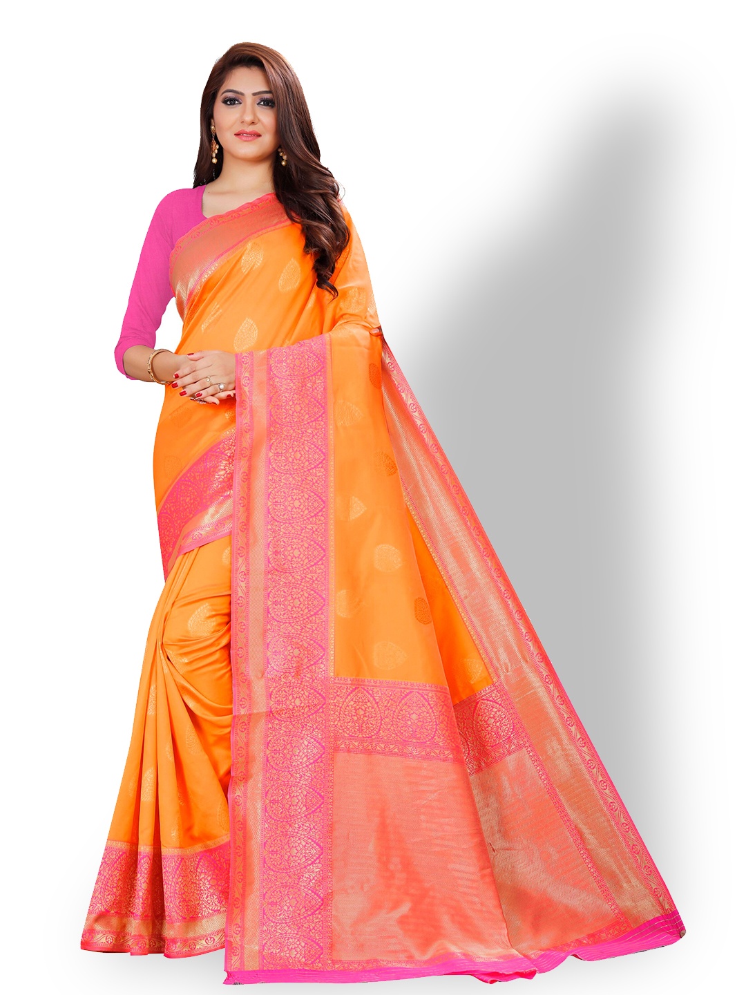 

ZEEPKART Ethnic Motif Kanjeevaram Poly Silk Zari Saree, Orange