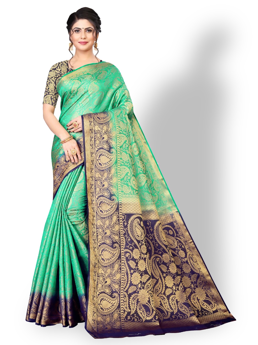 

ZEEPKART Paisley Poly Silk Kanjeevaram Zari Saree, Green