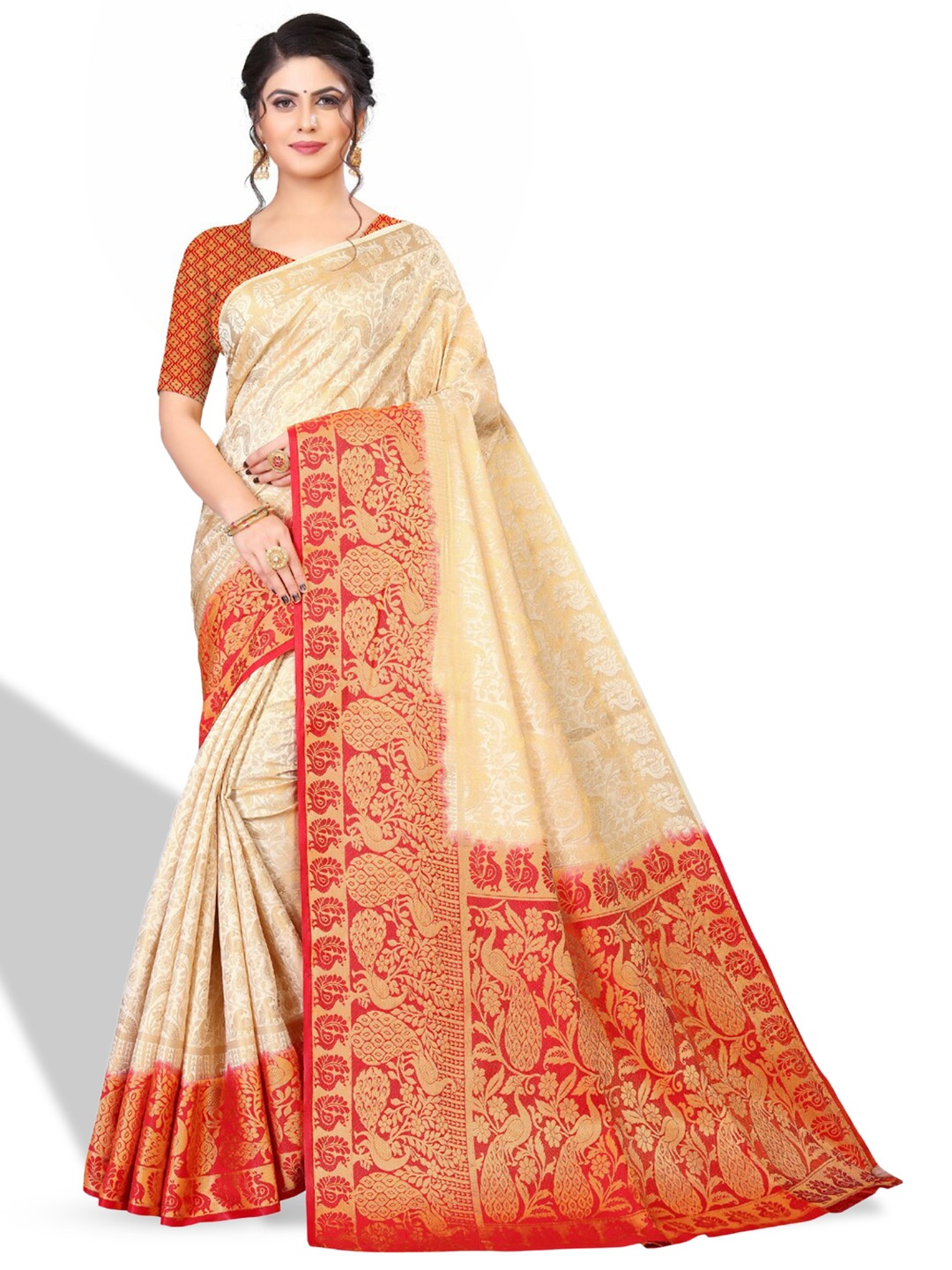 

ZEEPKART Ethnic Motifs Woven Design Zari Kanjeevaram Saree, White