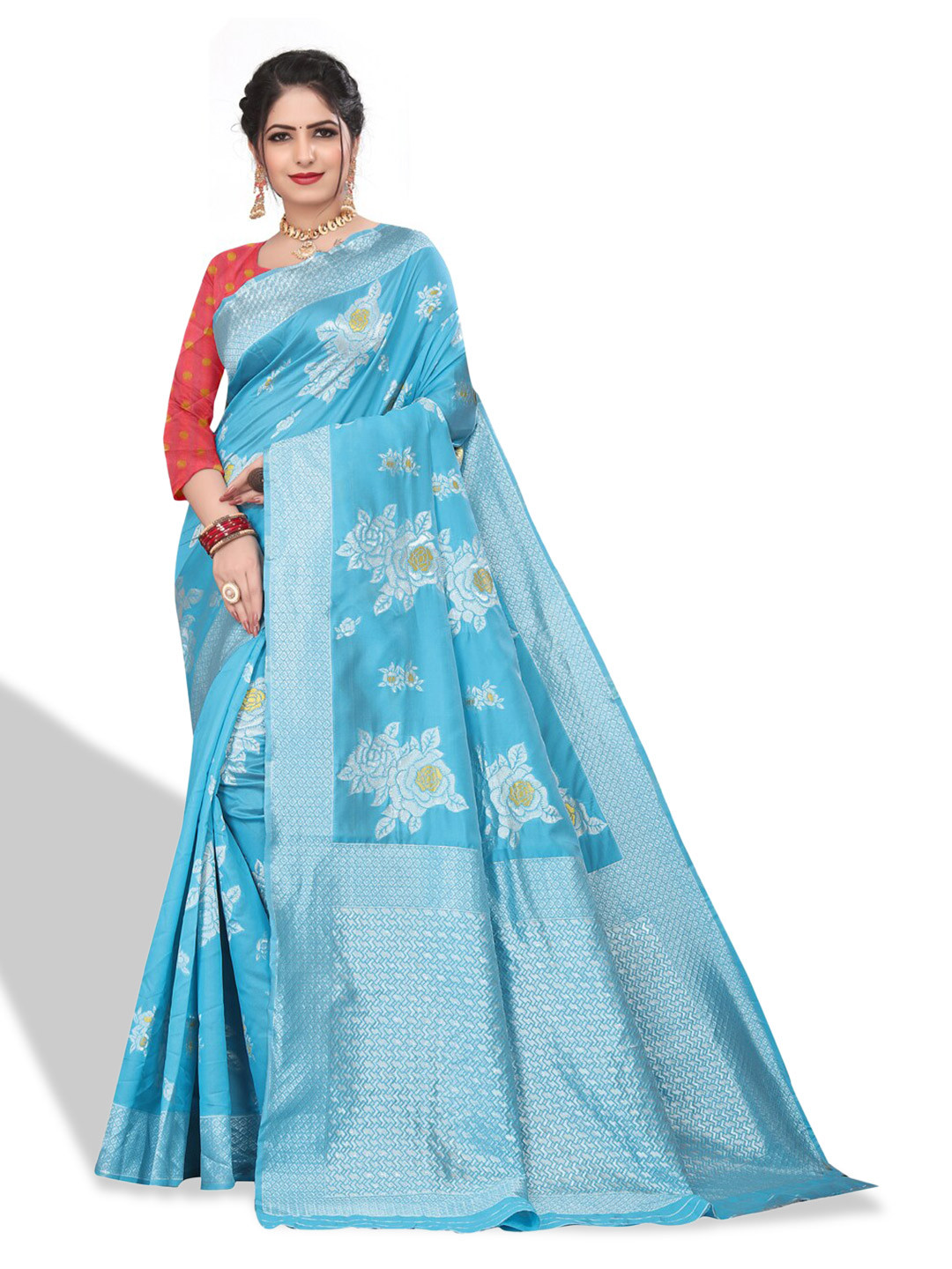 

ZEEPKART Floral Woven Design Zari Kanjeevaram Saree, Blue