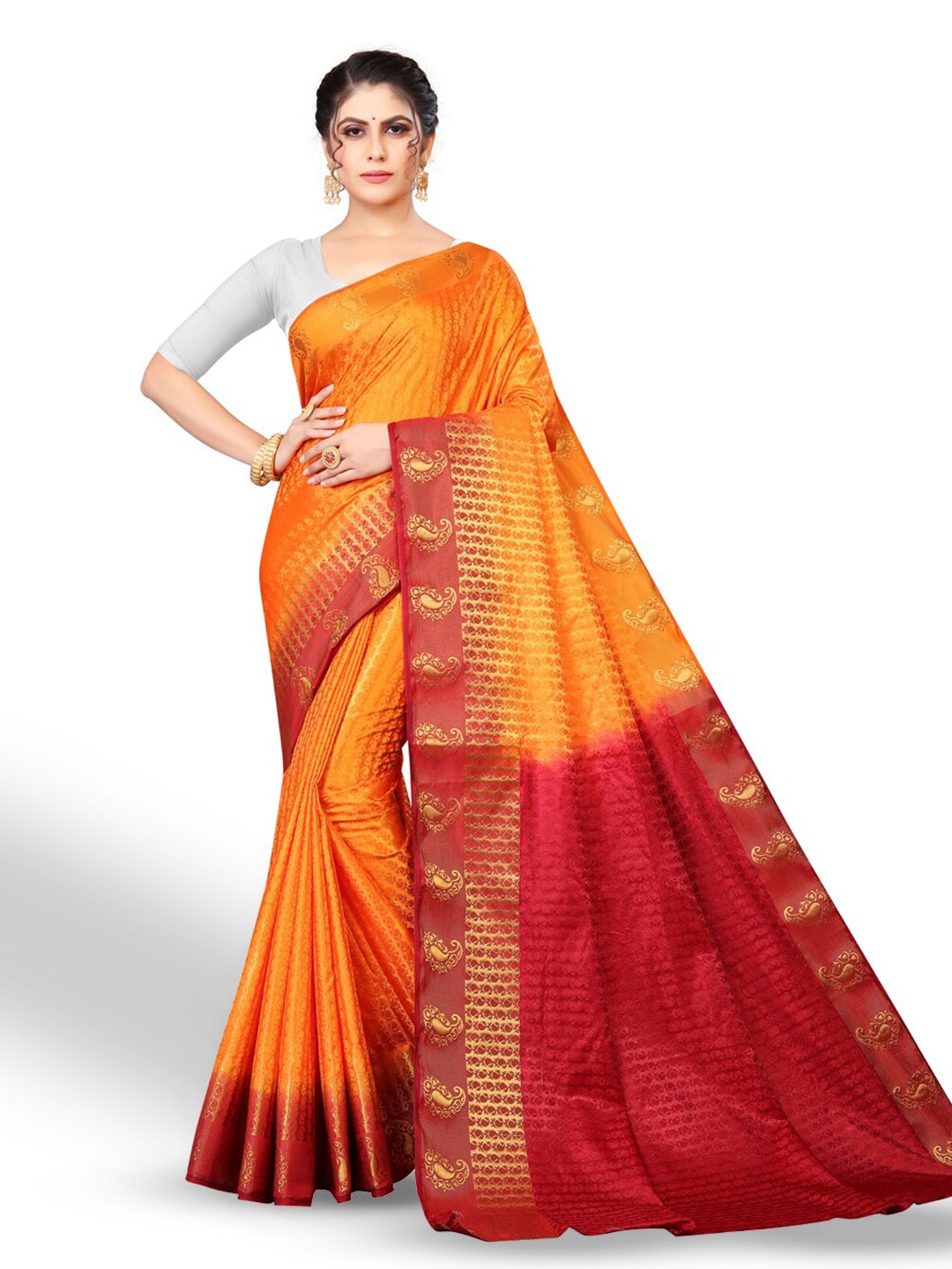 

ZEEPKART Paisley Poly Silk Kanjeevaram Zari Saree, Orange