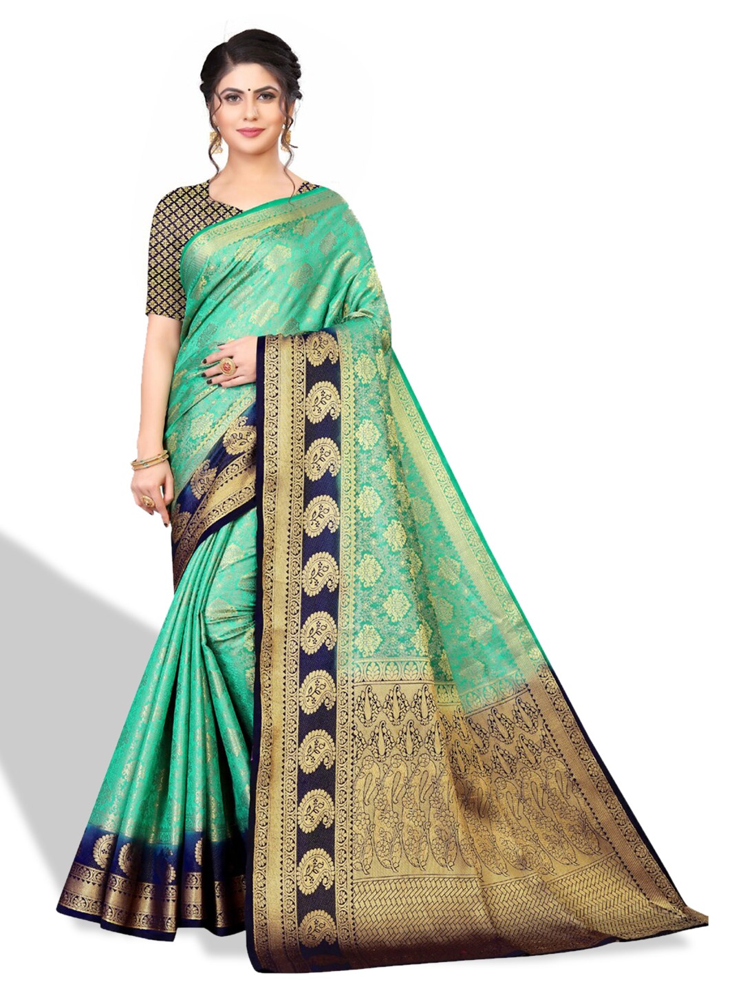 

ZEEPKART Ethnic Motifs Woven Design Zari Kanjeevaram Saree, Blue