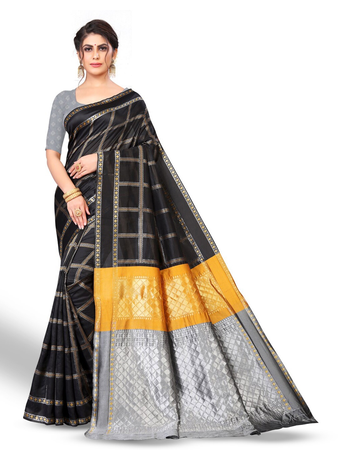 

ZEEPKART Checked Woven Design Zari Kanjeevaram Saree, Black