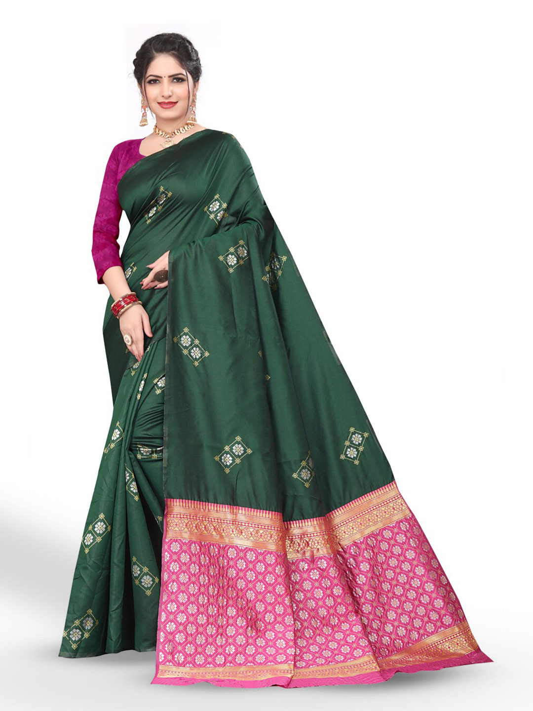 

ZEEPKART Floral Woven Design Kanjeevaram Saree, Green