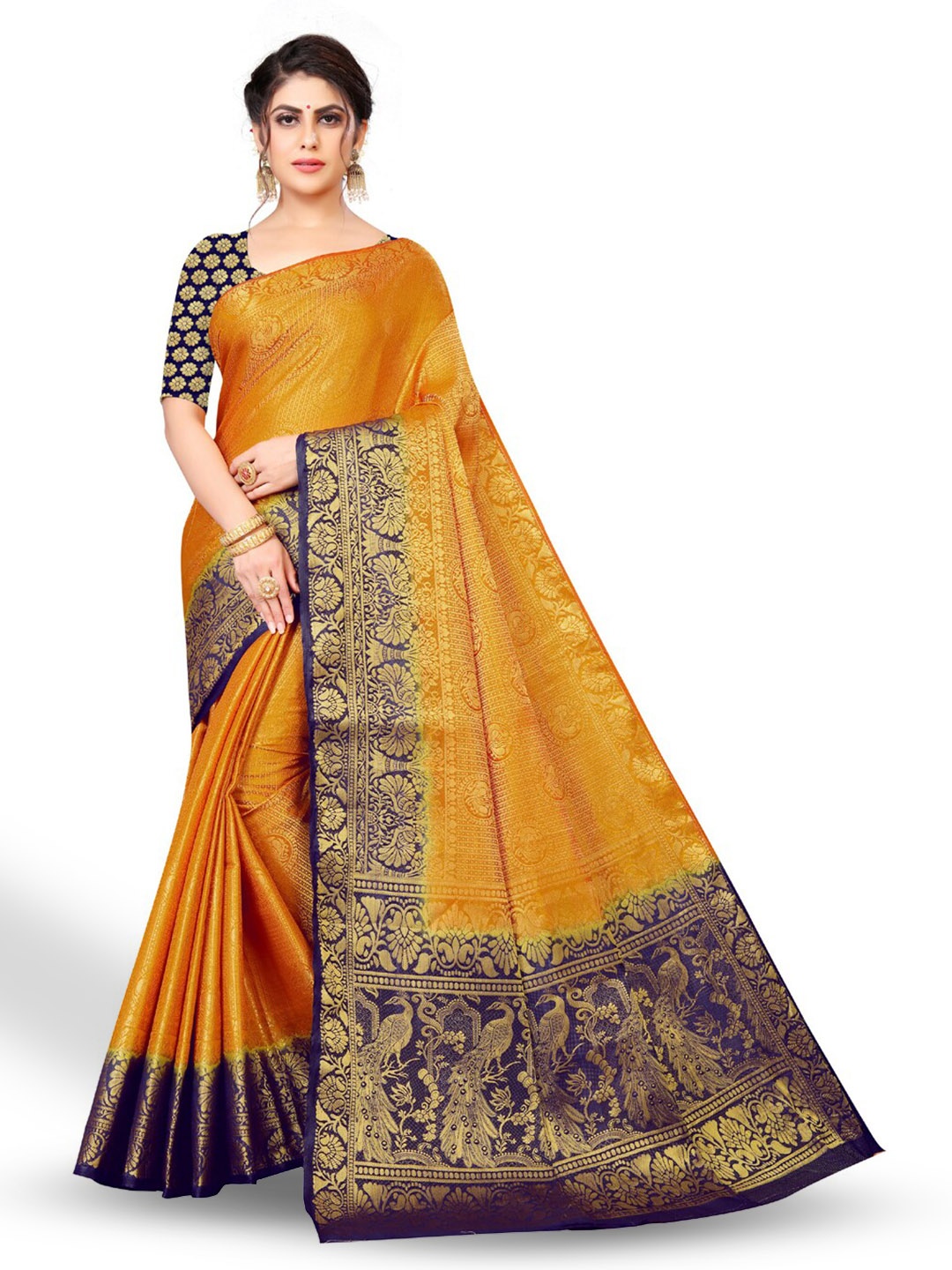 

ZEEPKART Ethnic Motifs Woven Design Zari Kanjeevaram Saree, Yellow