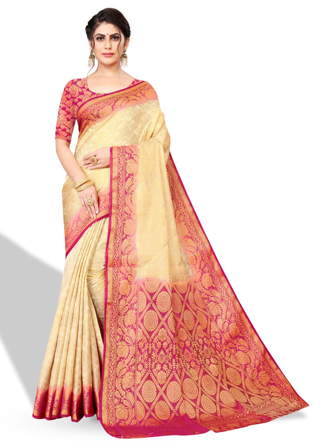 

ZEEPKART Ethnic Motifs Woven Design Zari Kanjeevaram Saree, White