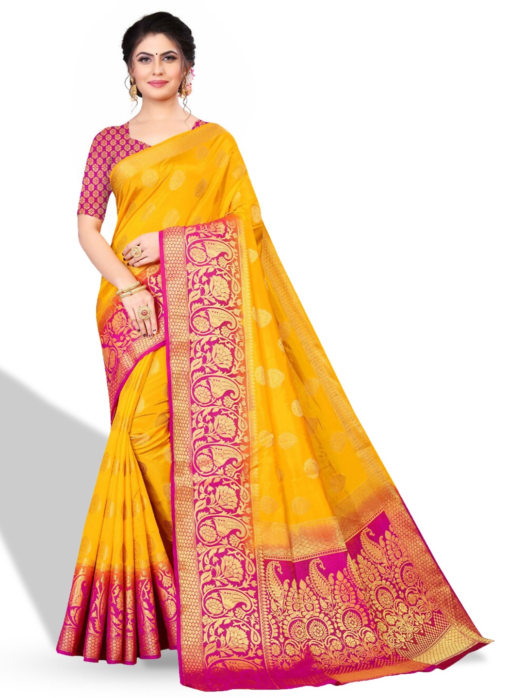 

ZEEPKART Ethnic Motifs Woven Design Zari Kanjeevaram Saree, Yellow