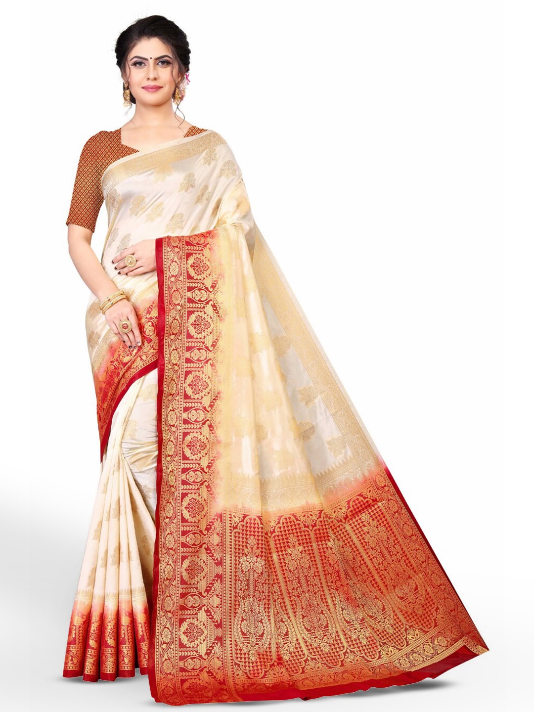 

ZEEPKART Ethnic Motifs Woven Design Zari Kanjeevaram Saree, White