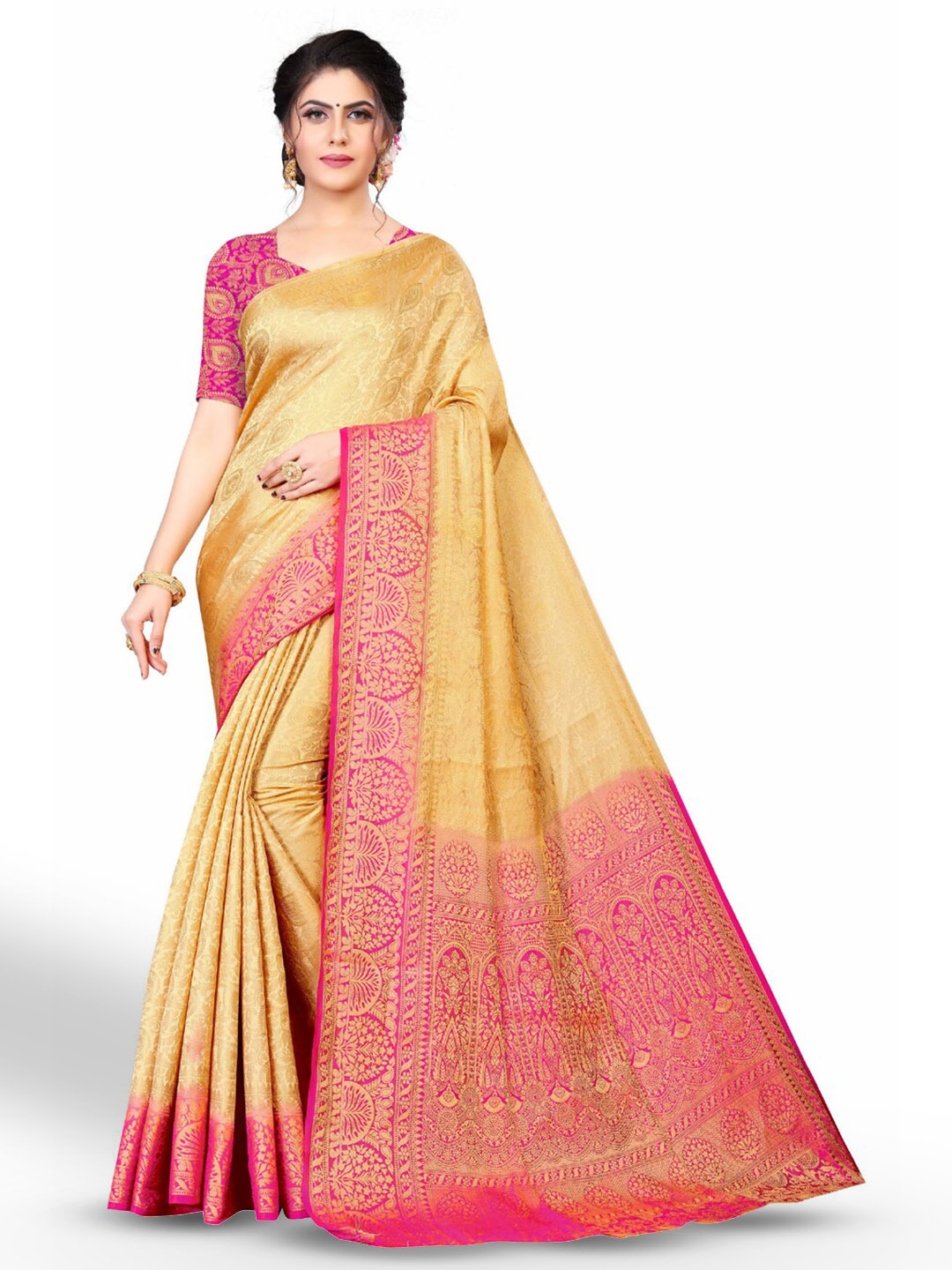 

ZEEPKART Ethnic Motifs Printed Woven Design Zari Kanjeevaram Saree, Cream